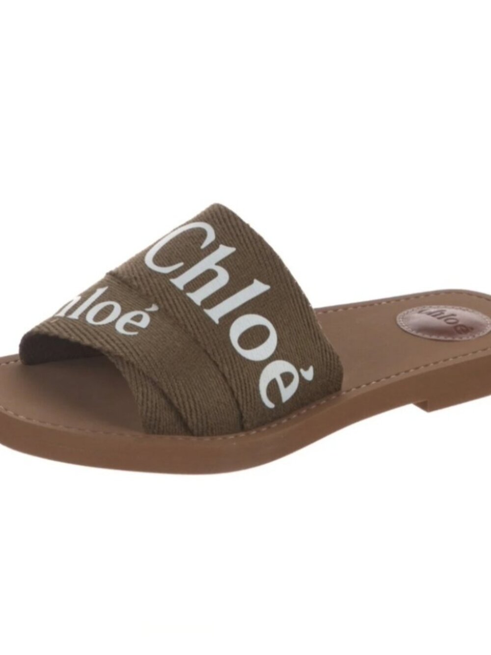 Chloé Woody Brown Logo Canvas Slide Sandals with White Branding